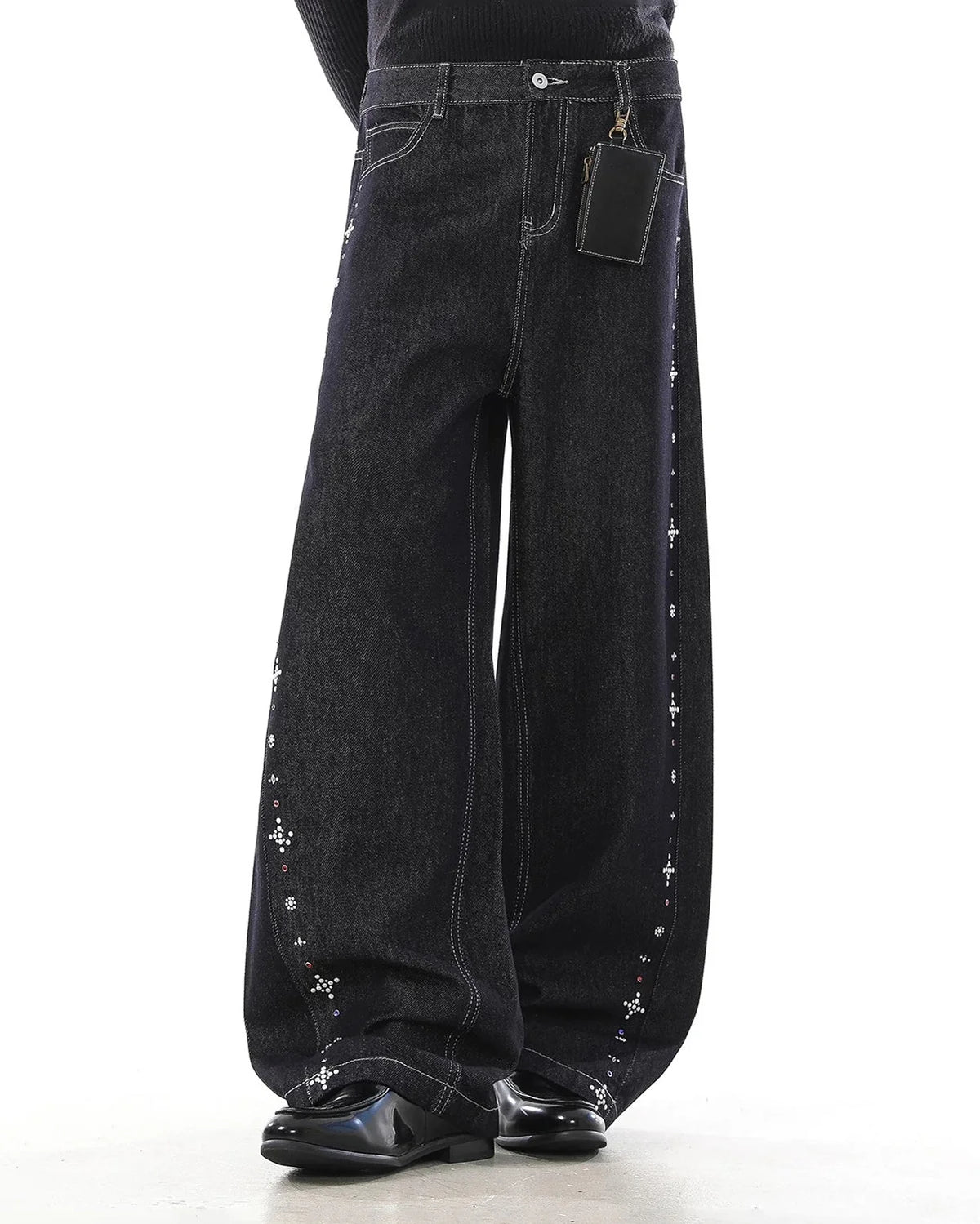Omygoods Studded Rhinestone Baggy Denim Jeans