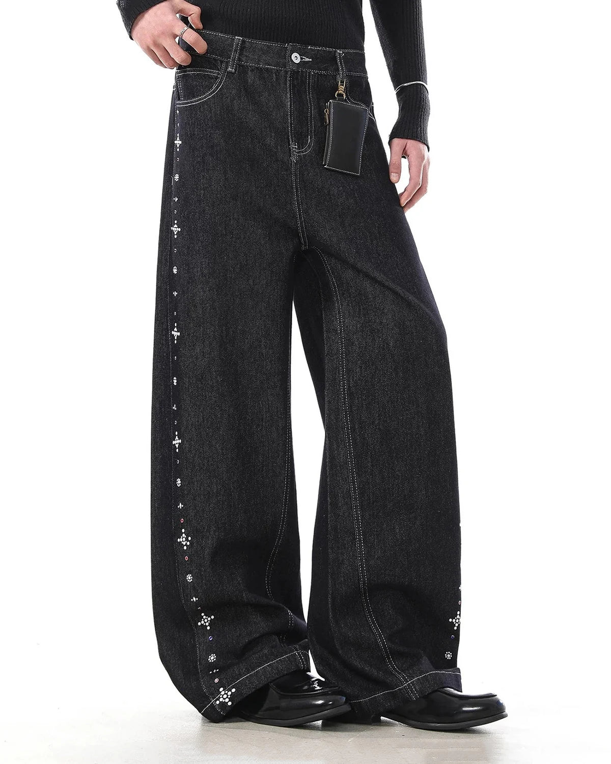 Omygoods Studded Rhinestone Baggy Denim Jeans