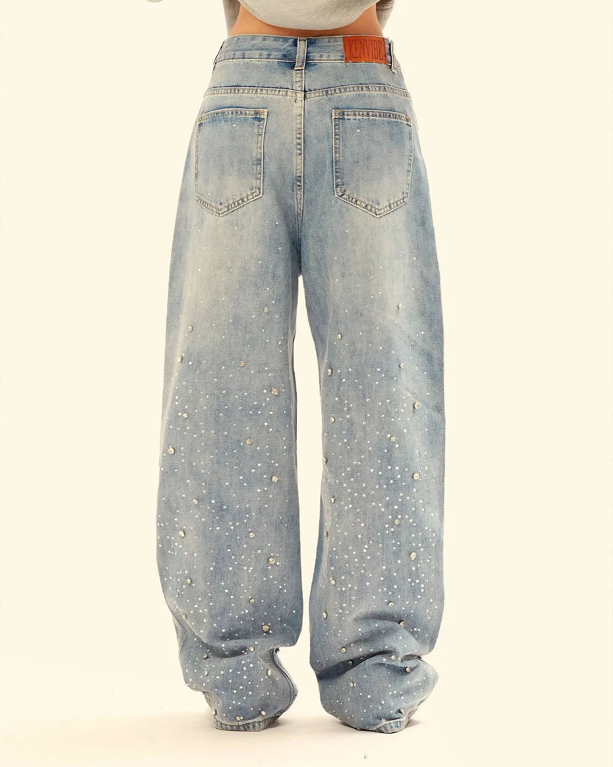 Omygoods Studded Rhinestone Baggy Jeans