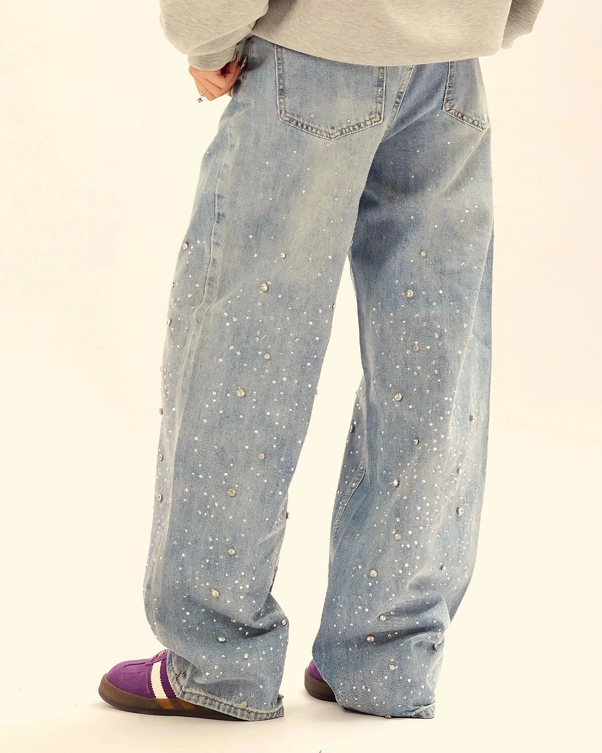 Omygoods Studded Rhinestone Baggy Jeans