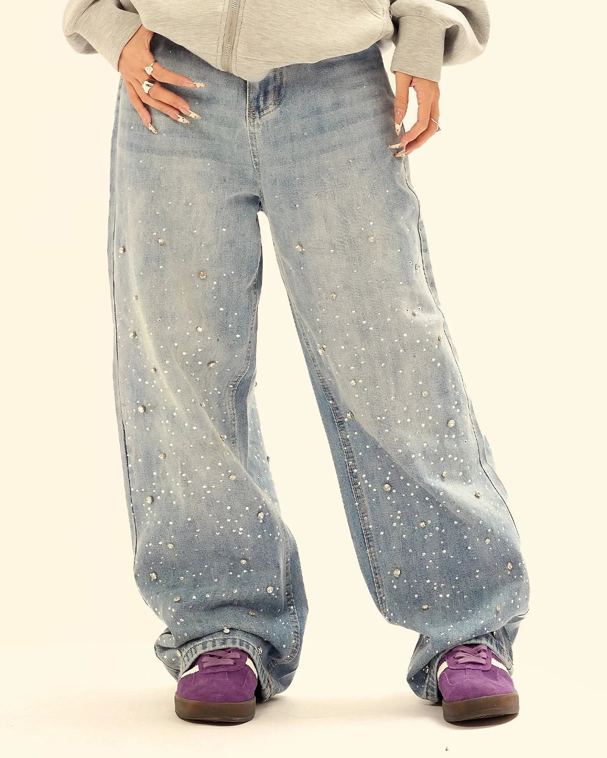 Omygoods Studded Rhinestone Baggy Jeans