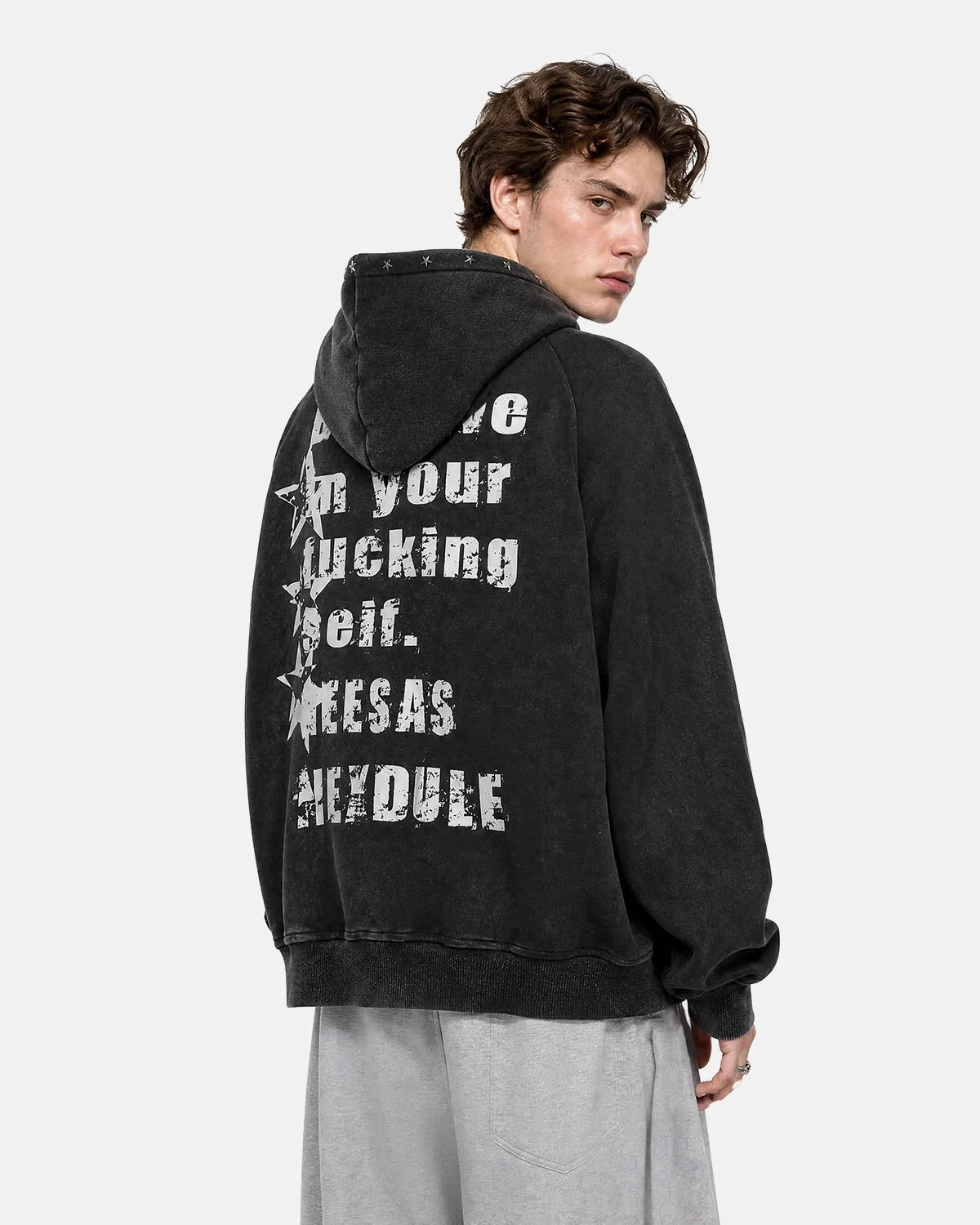 Omygoods Studded Star Graphic Boxy Zip Up Hoodie