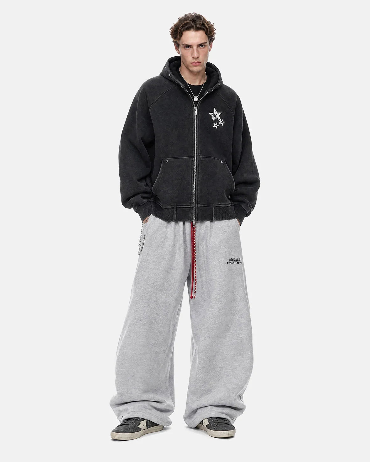 Omygoods Studded Star Graphic Boxy Zip Up Hoodie