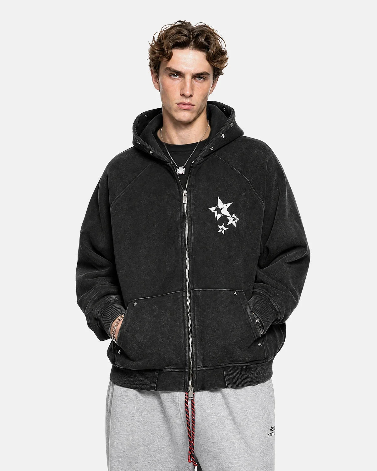 Omygoods Studded Star Graphic Boxy Zip Up Hoodie
