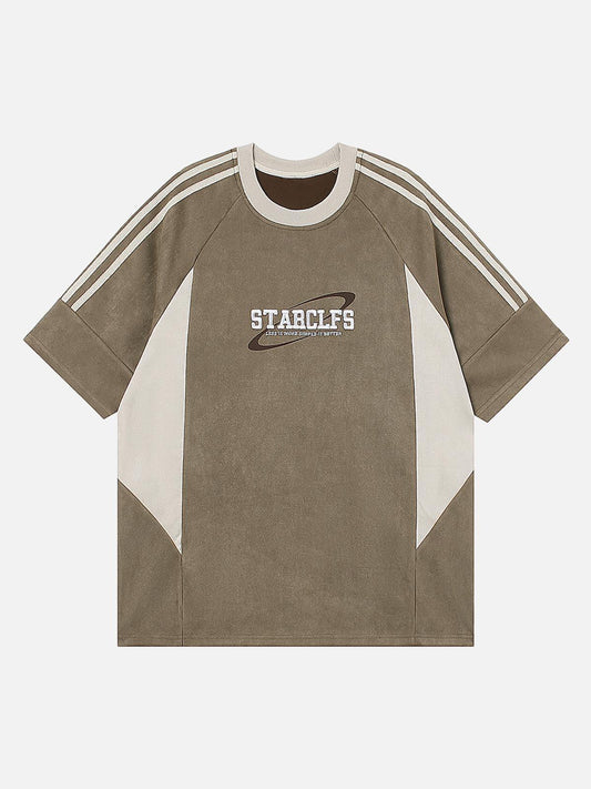Omygoods Suede Contrast Color Spliced Letter Embroidery Oversize T-Shirt