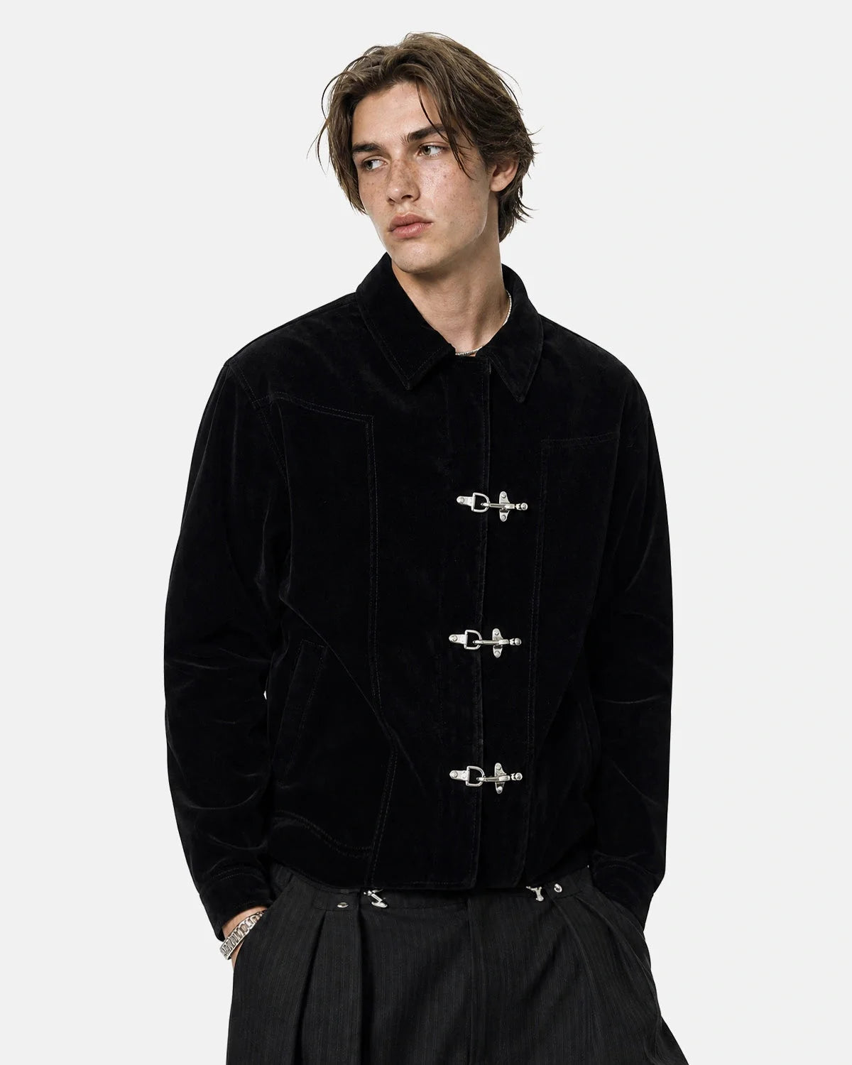 Omygoods Suede Metal Clasp Boxy Jacket