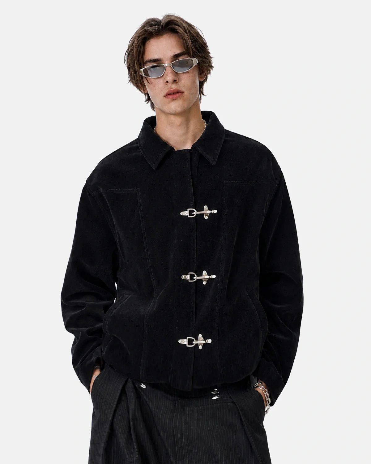 Omygoods Suede Metal Clasp Boxy Jacket