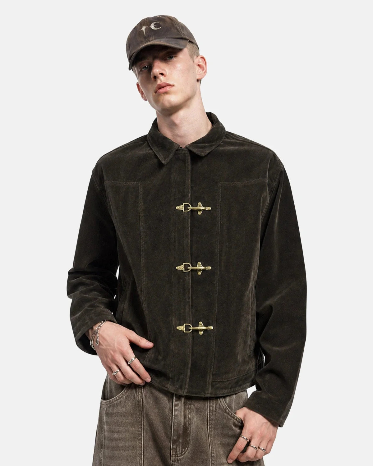 Omygoods Suede Metal Clasp Boxy Jacket