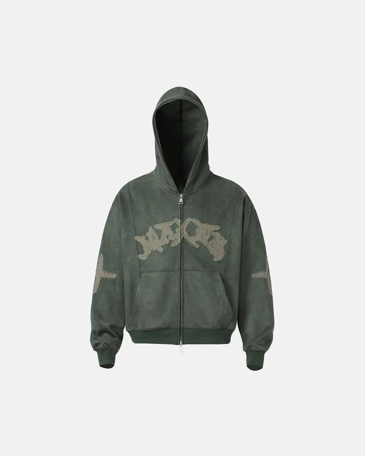Omygoods Suede Patch Embroidery Zip Hoodie