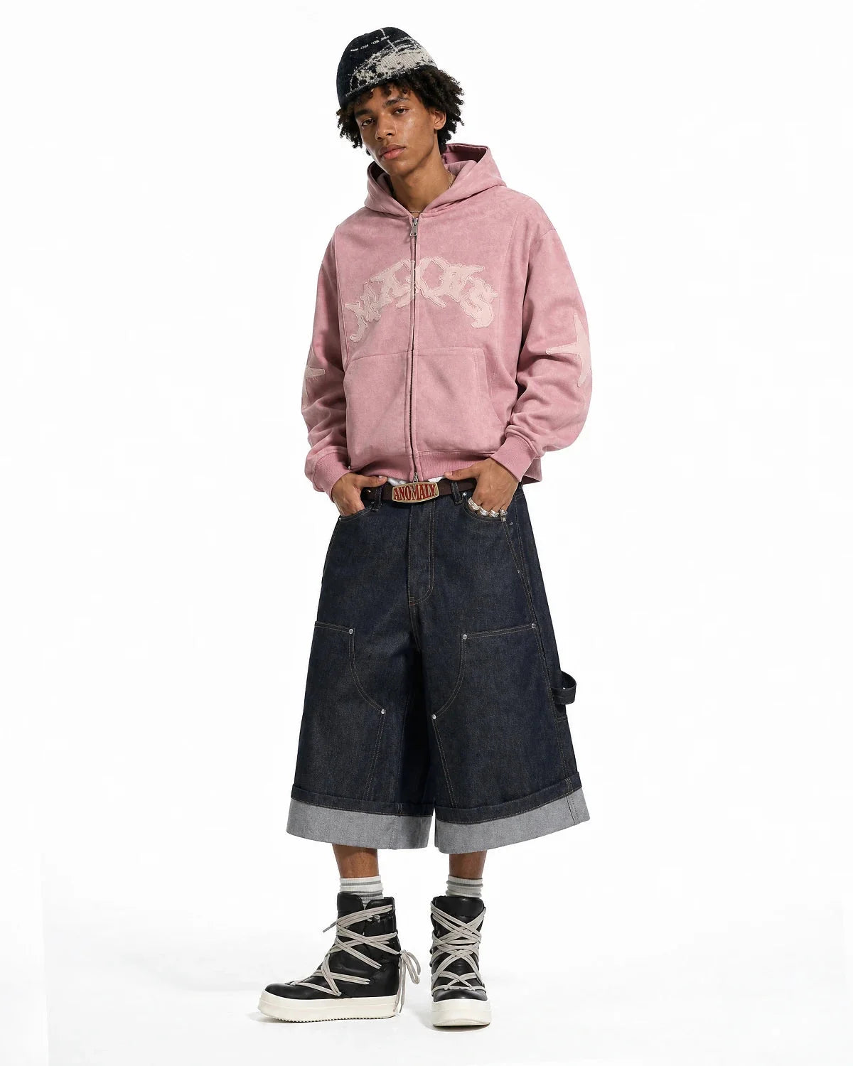 Omygoods Suede Patch Embroidery Zip Hoodie