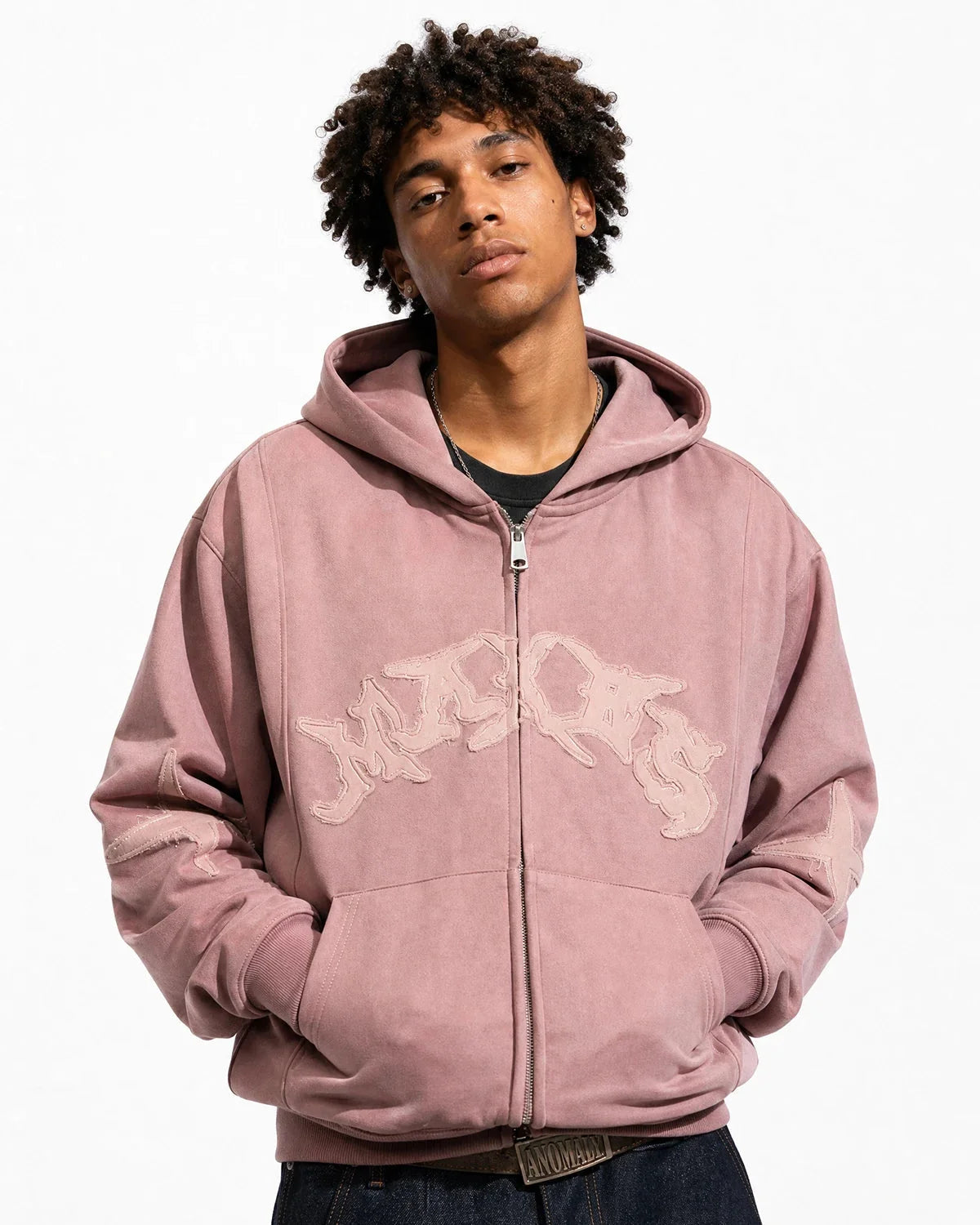 Omygoods Suede Patch Embroidery Zip Hoodie