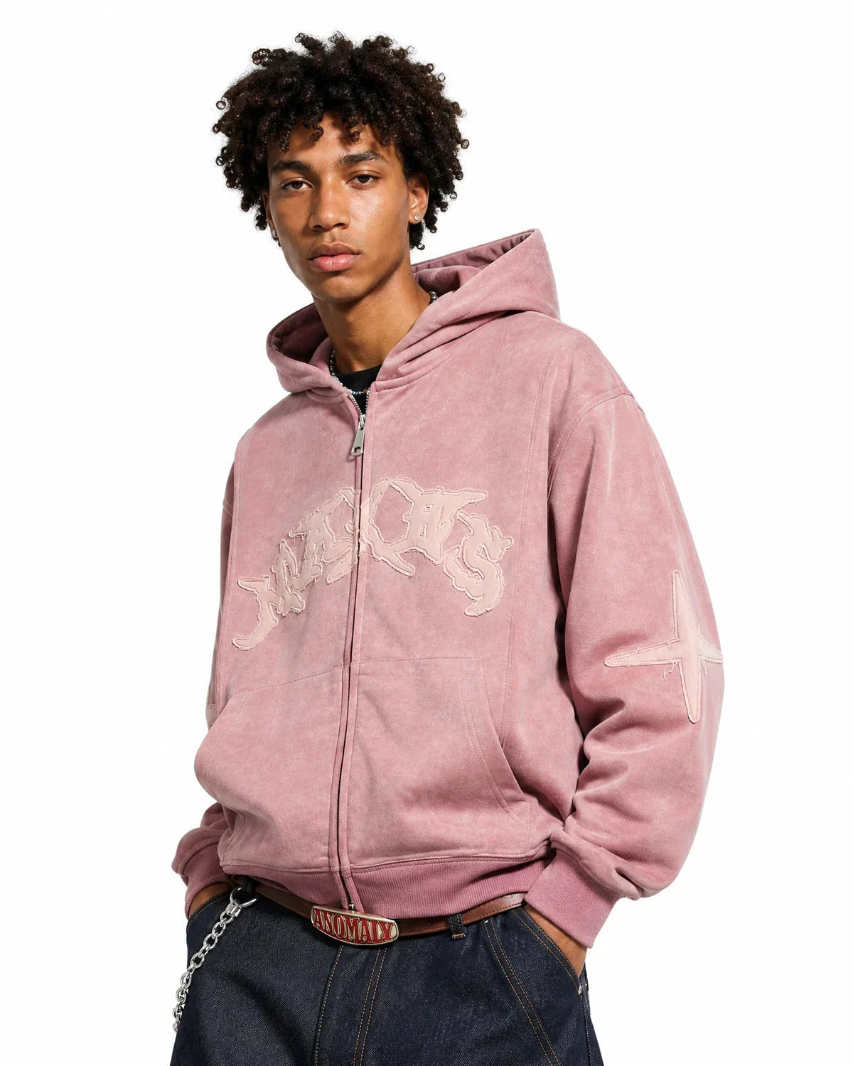 Omygoods Suede Patch Embroidery Zip Hoodie