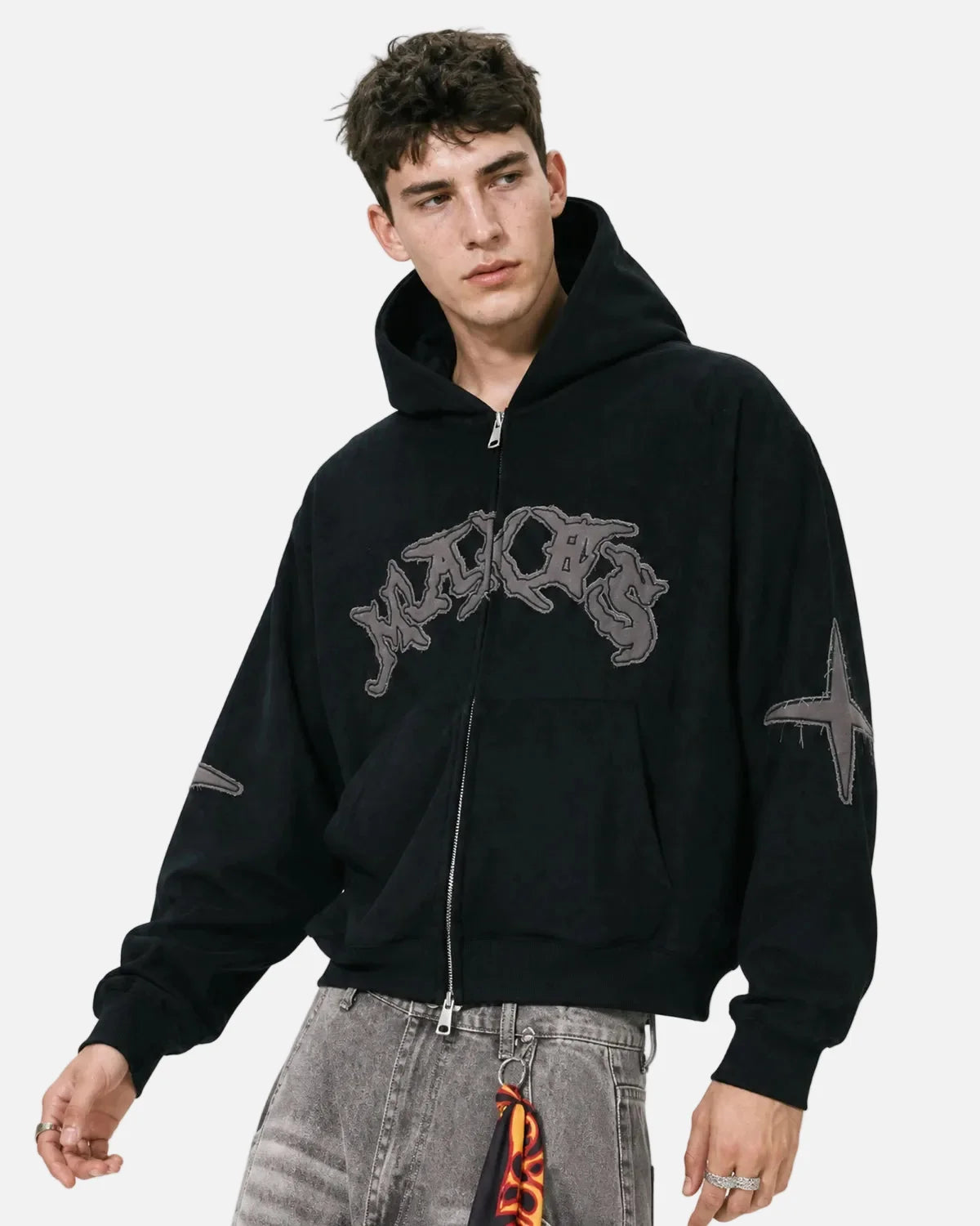Omygoods Suede Patch Embroidery Zip Hoodie