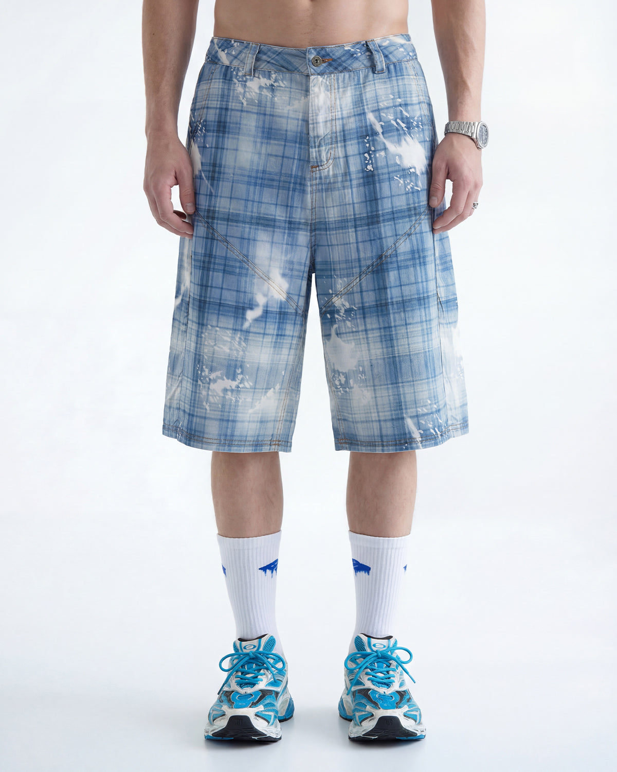 Omygoods Tencel Washed Plaid Print Longline Shorts