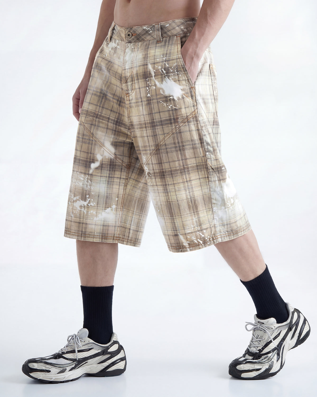 Omygoods Tencel Washed Plaid Print Longline Shorts