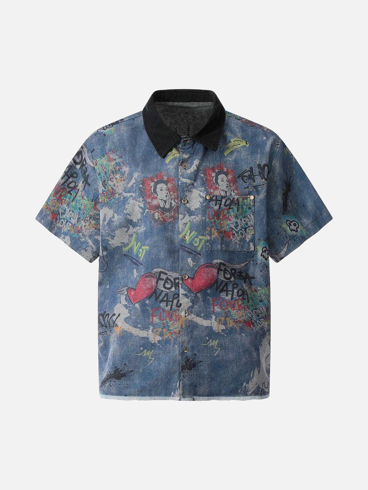 Omygoods Tie-Dye Denim Graffiti Polo T-Shirt