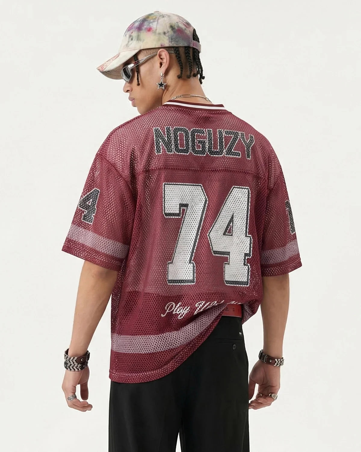 Omygoods V-Neck Graphic Mesh Jersey