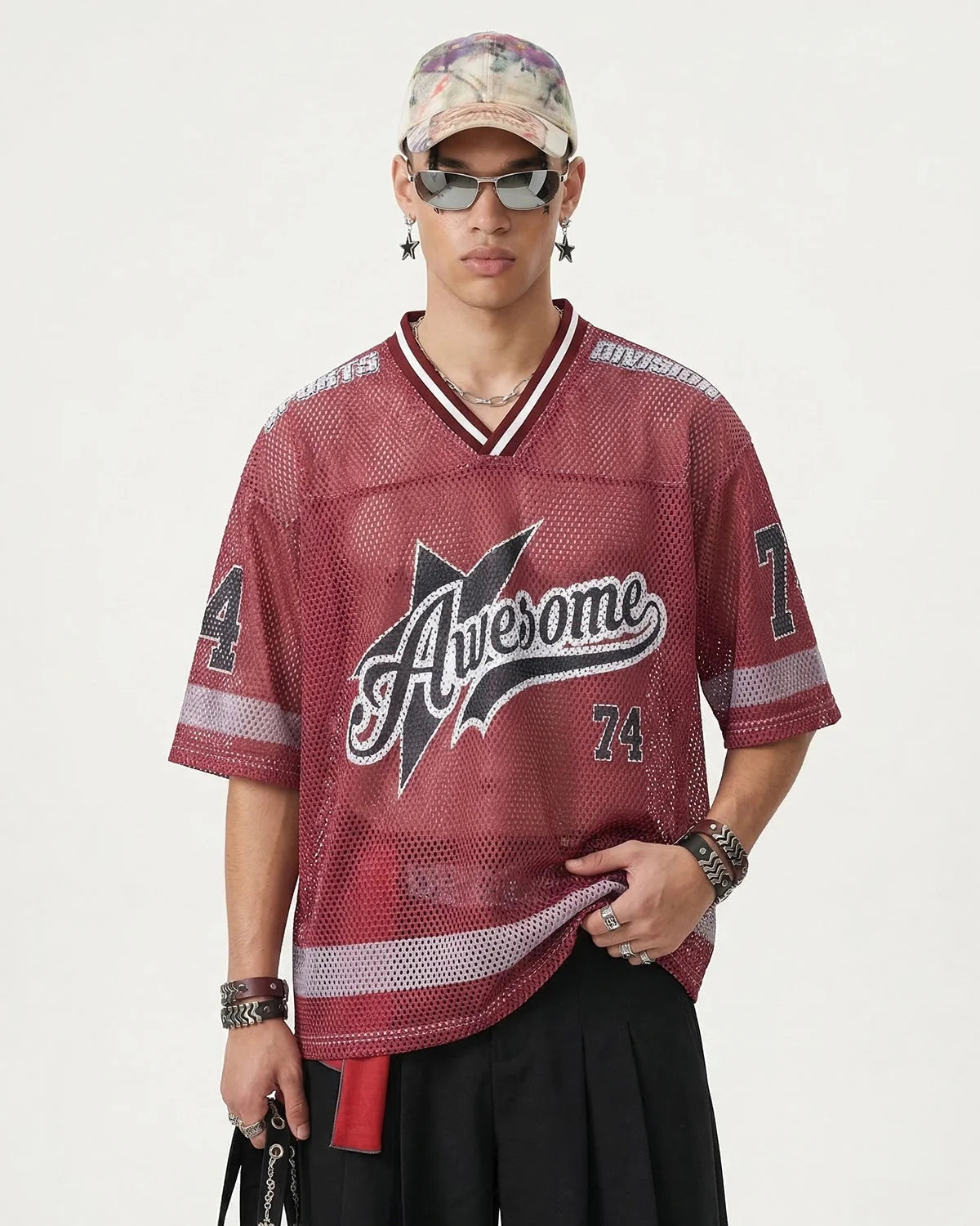 Omygoods V-Neck Graphic Mesh Jersey