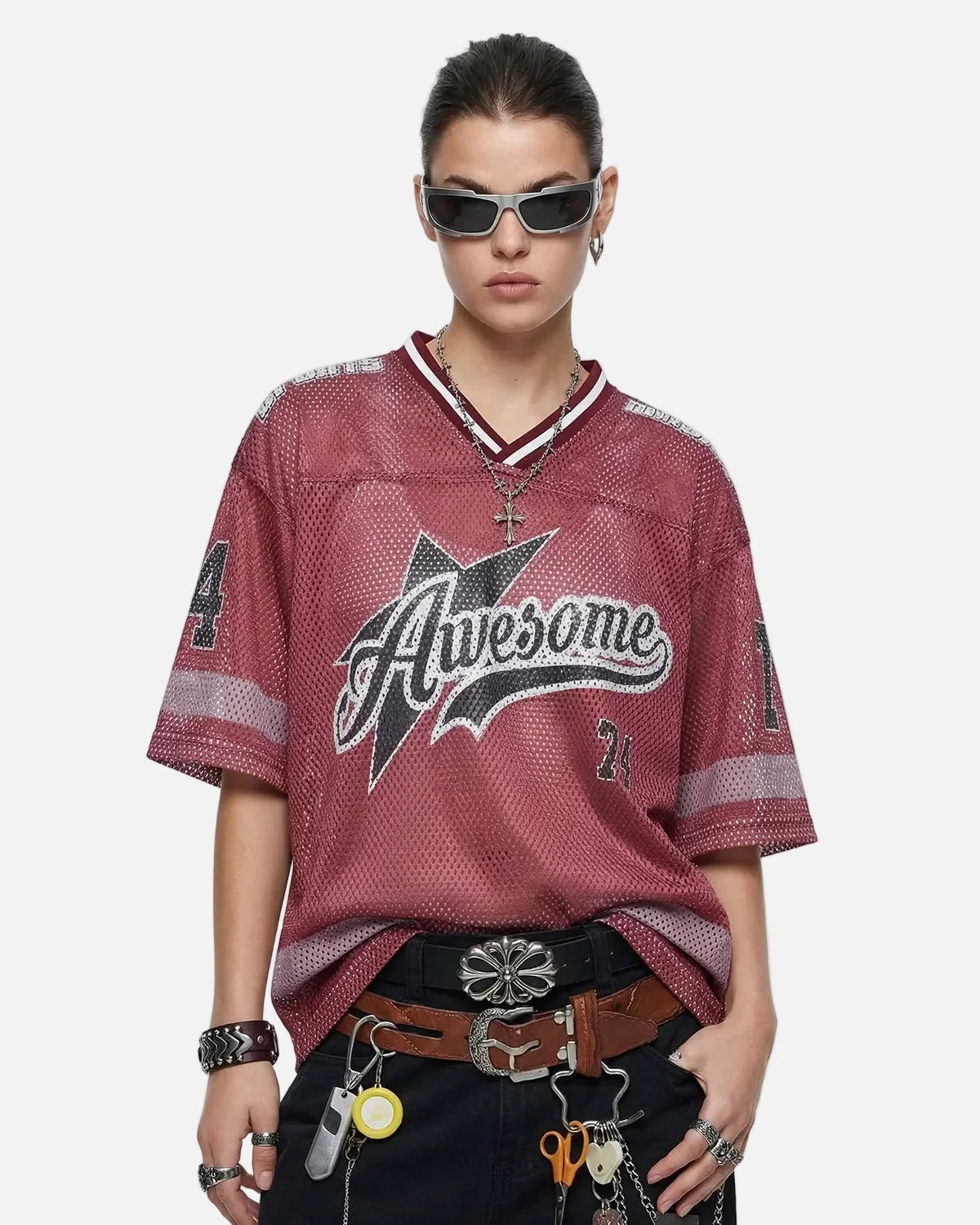 Omygoods V-Neck Graphic Mesh Jersey
