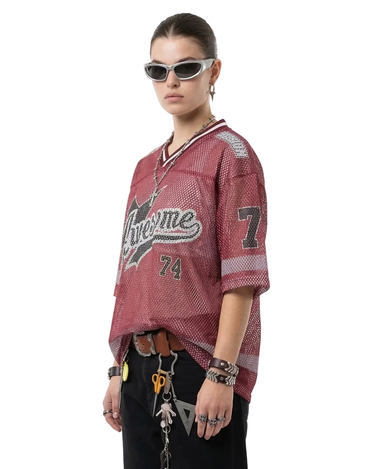 Omygoods V-Neck Graphic Mesh Jersey