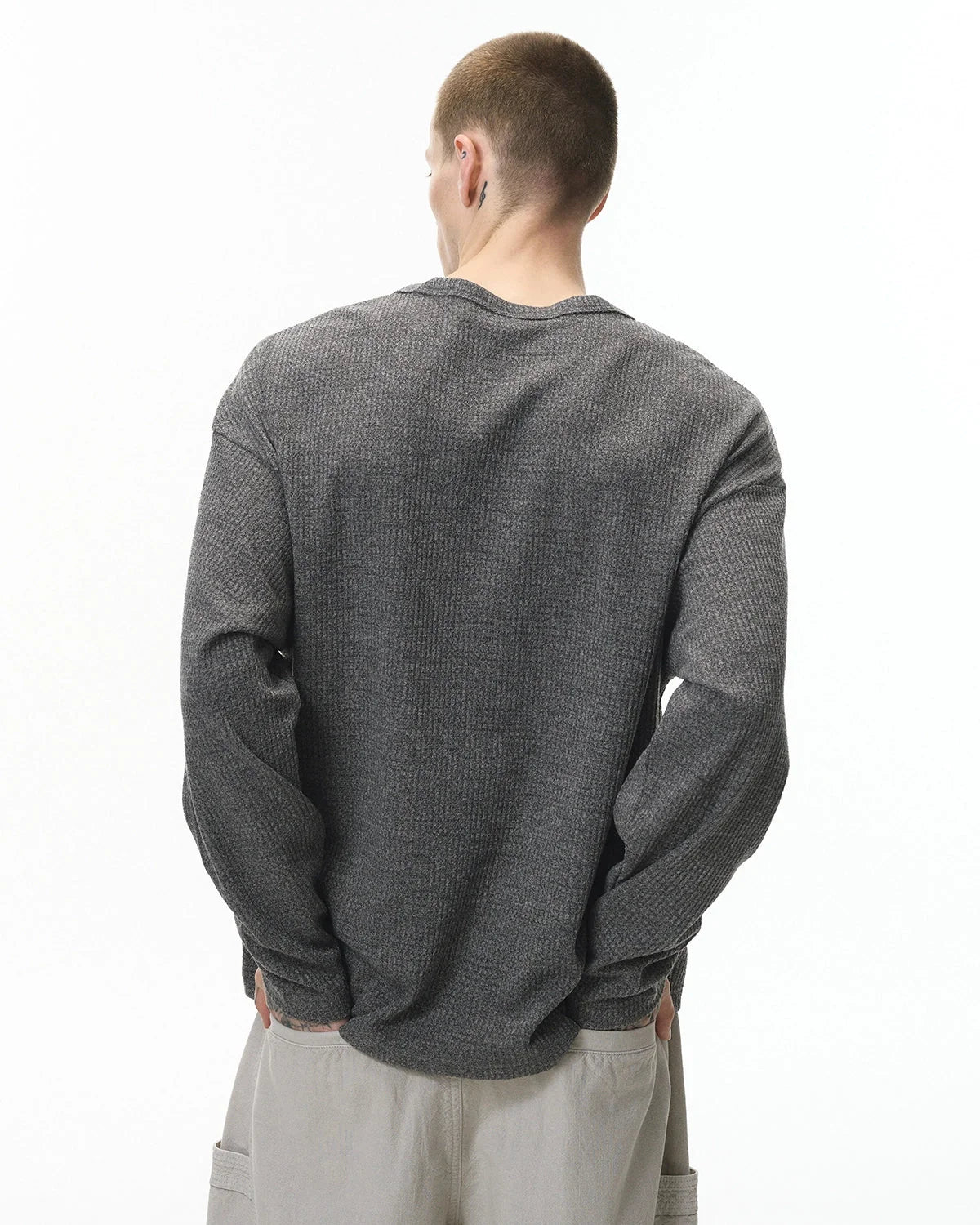Omygoods V-Neck Long Sleeve Waffle Tee