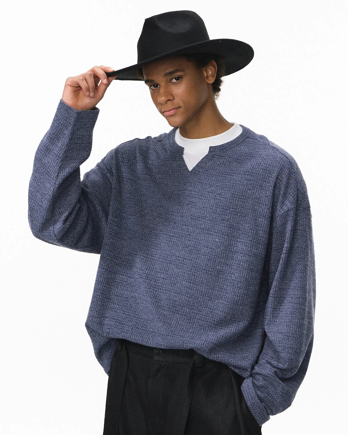 Omygoods V-Neck Long Sleeve Waffle Tee