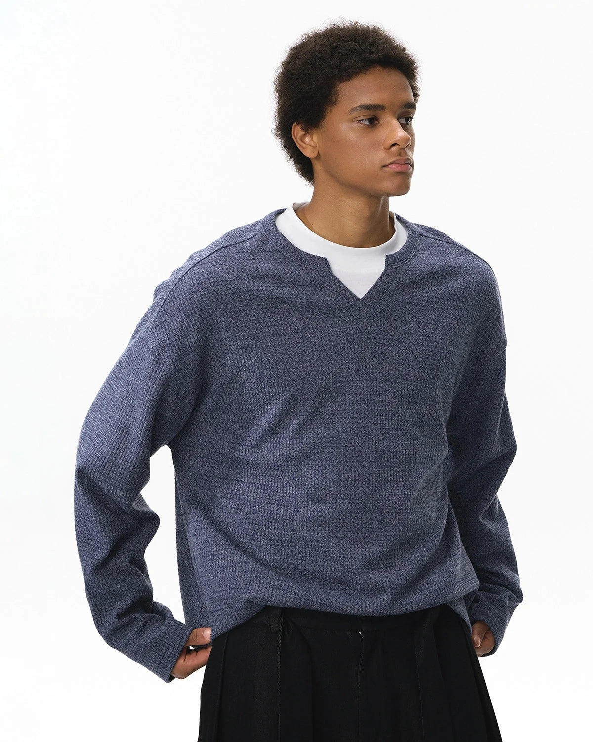 Omygoods V-Neck Long Sleeve Waffle Tee