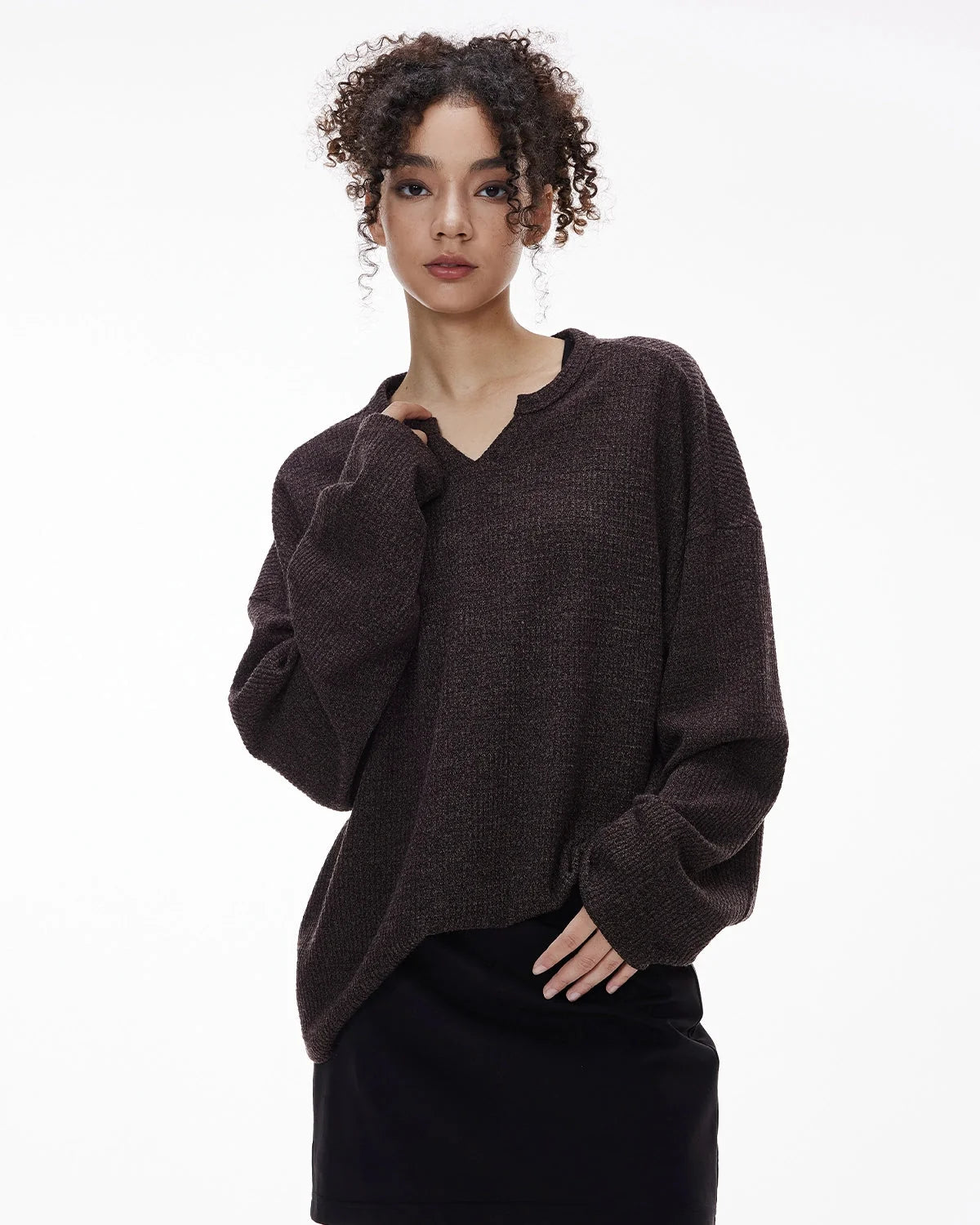 Omygoods V-Neck Long Sleeve Waffle Tee