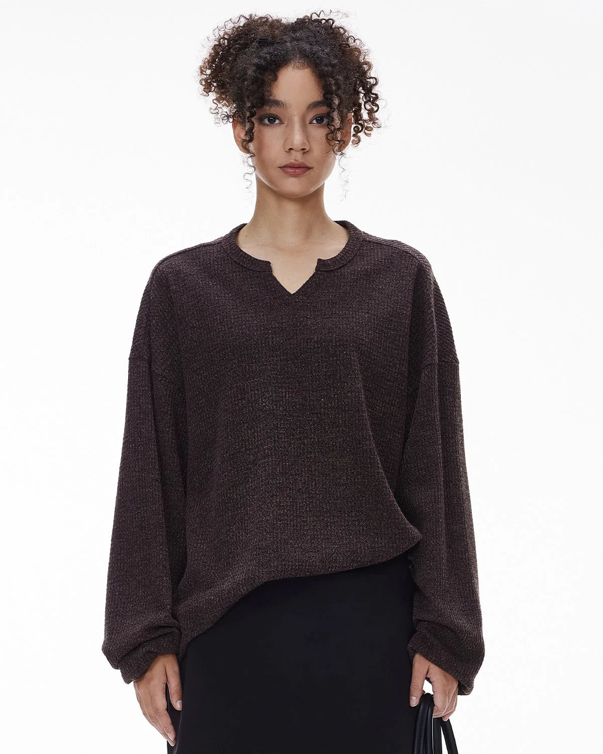 Omygoods V-Neck Long Sleeve Waffle Tee