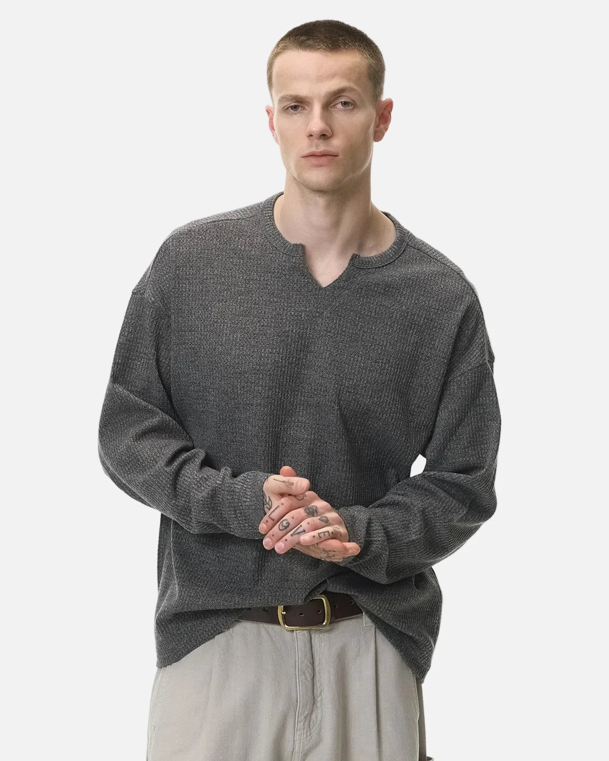 Omygoods V-Neck Long Sleeve Waffle Tee