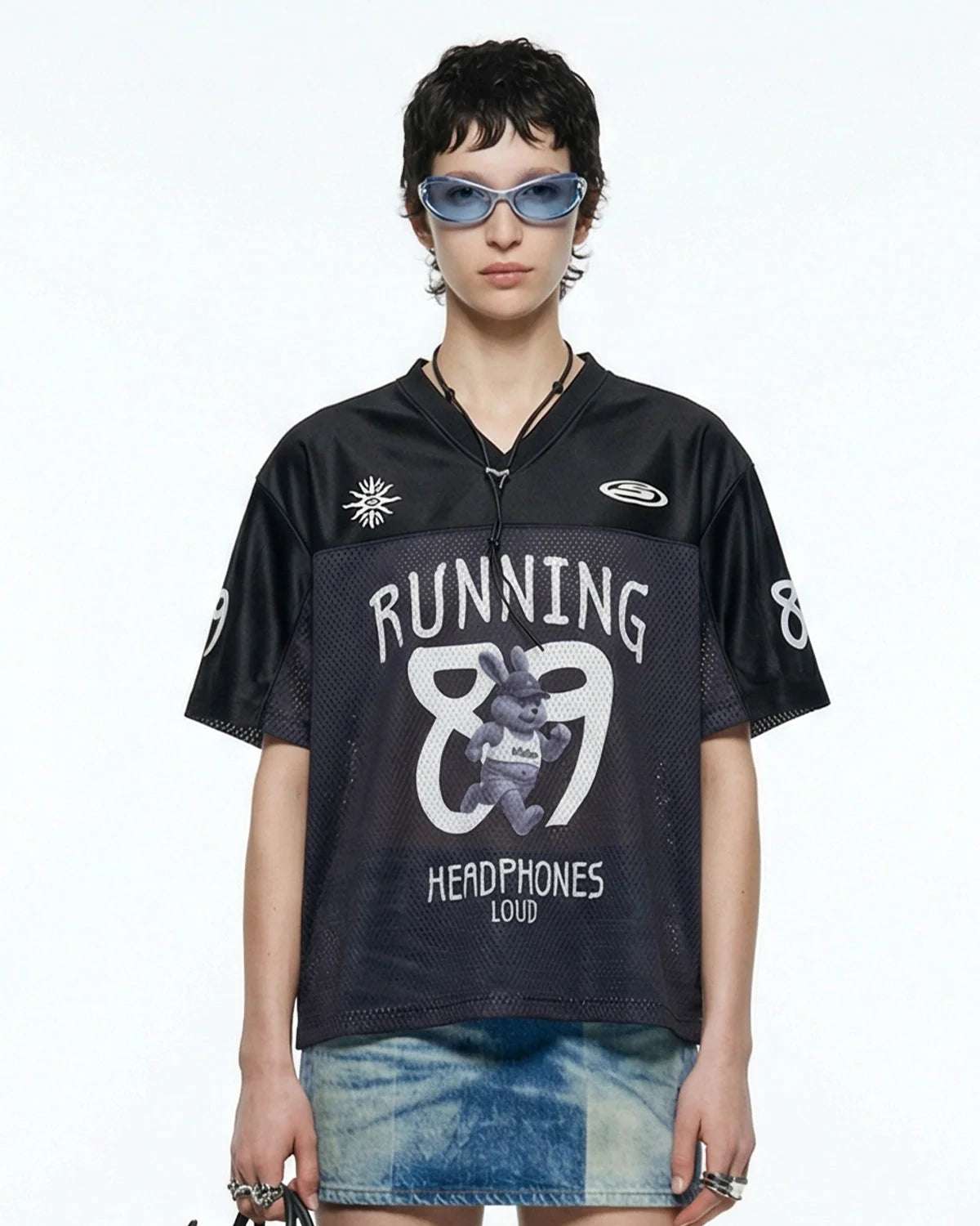 Omygoods V-Neck Mesh Patchwork Jersey Tee