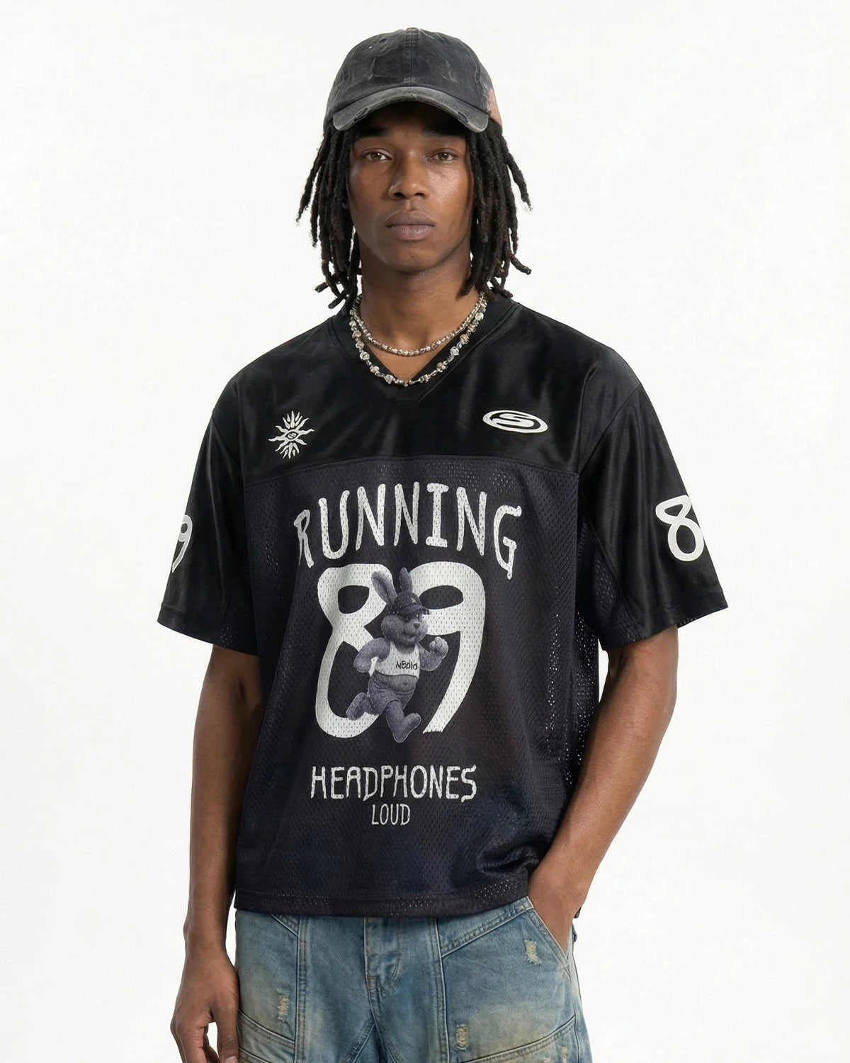 Omygoods V-Neck Mesh Patchwork Jersey Tee