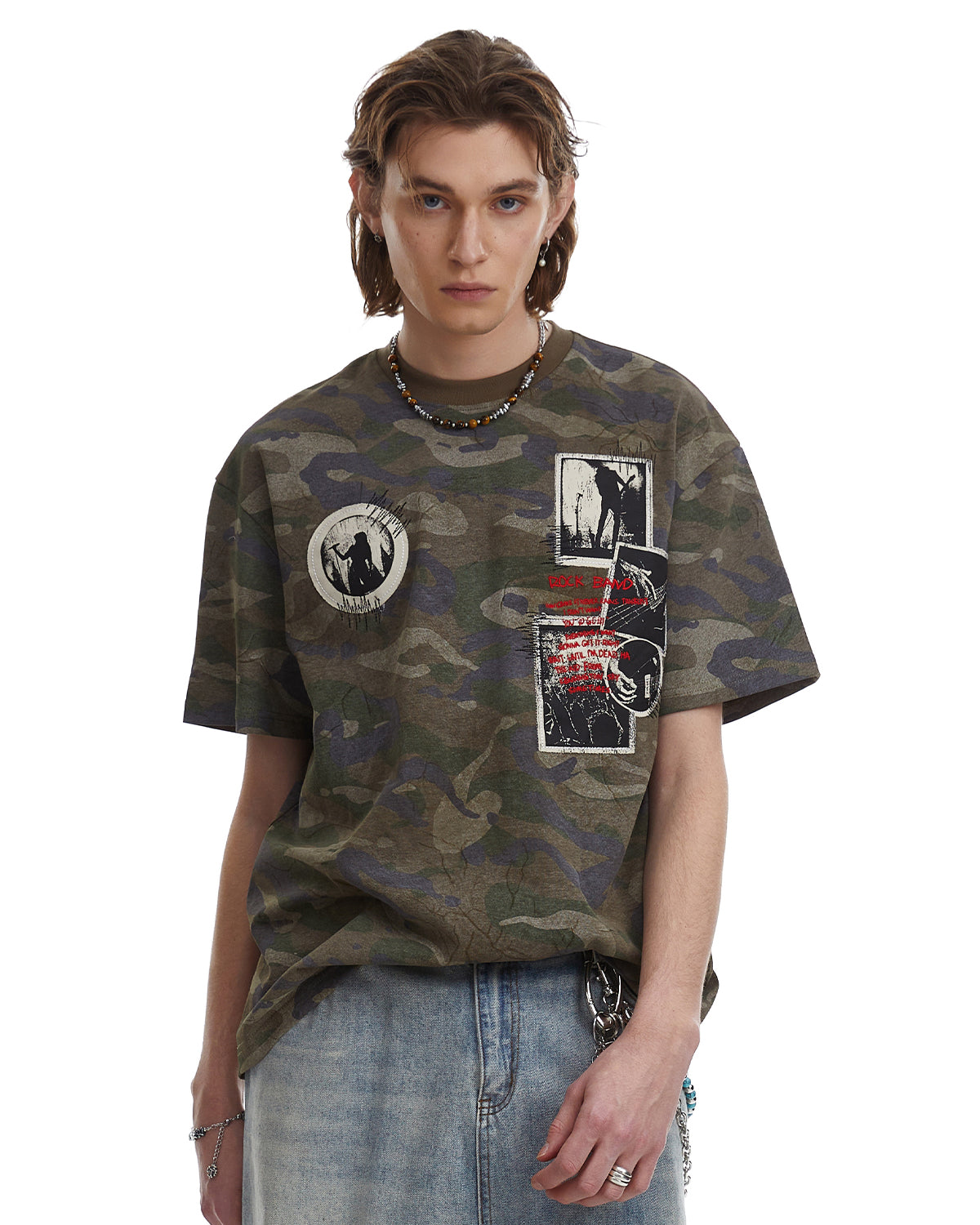 Omygoods Vintage Camo Patch Graphic T-Shirt