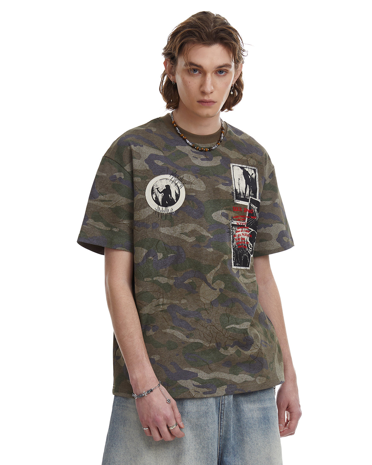 Omygoods Vintage Camo Patch Graphic T-Shirt