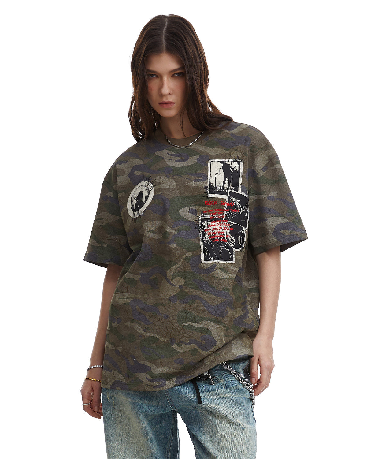 Omygoods Vintage Camo Patch Graphic T-Shirt