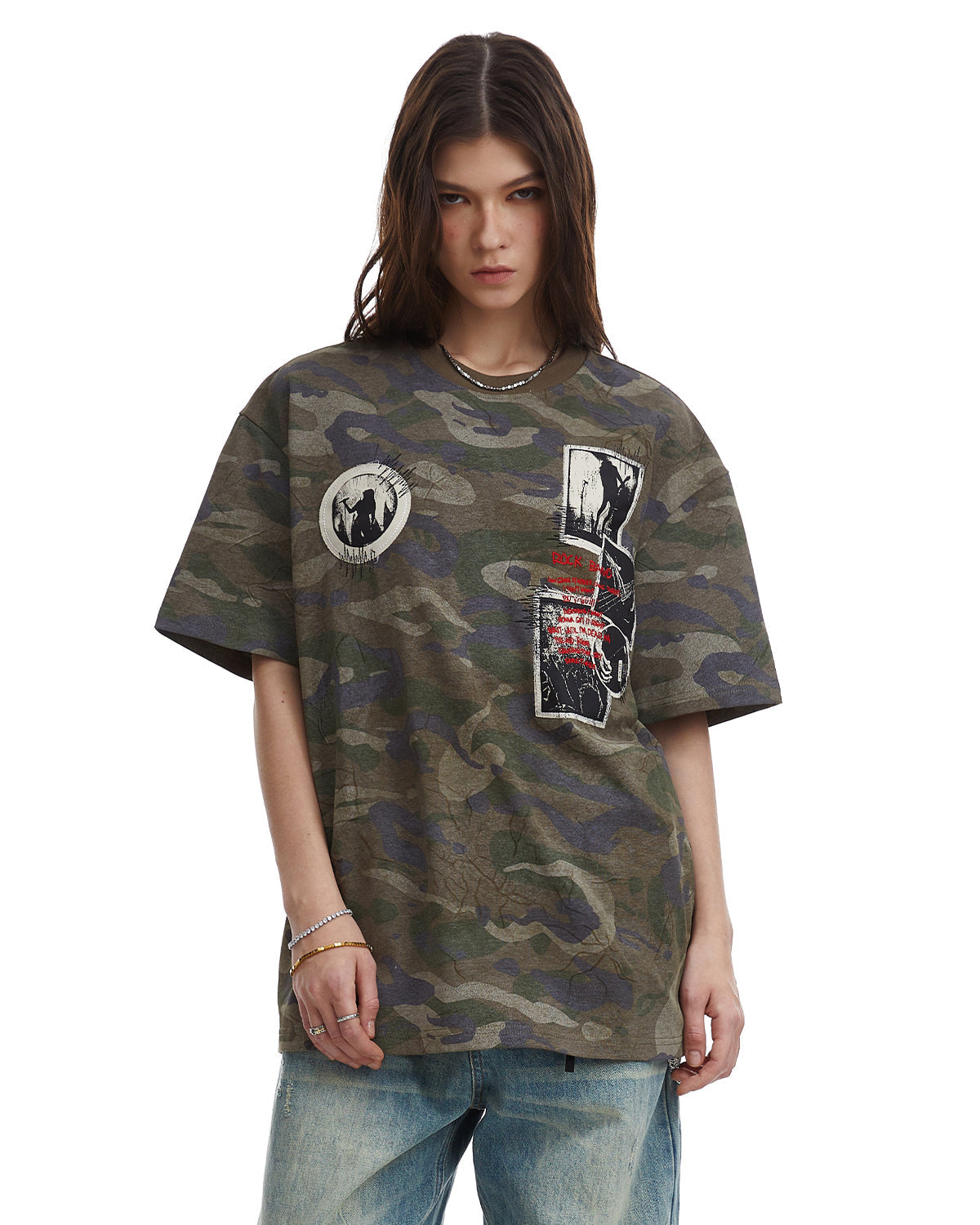 Omygoods Vintage Camo Patch Graphic T-Shirt