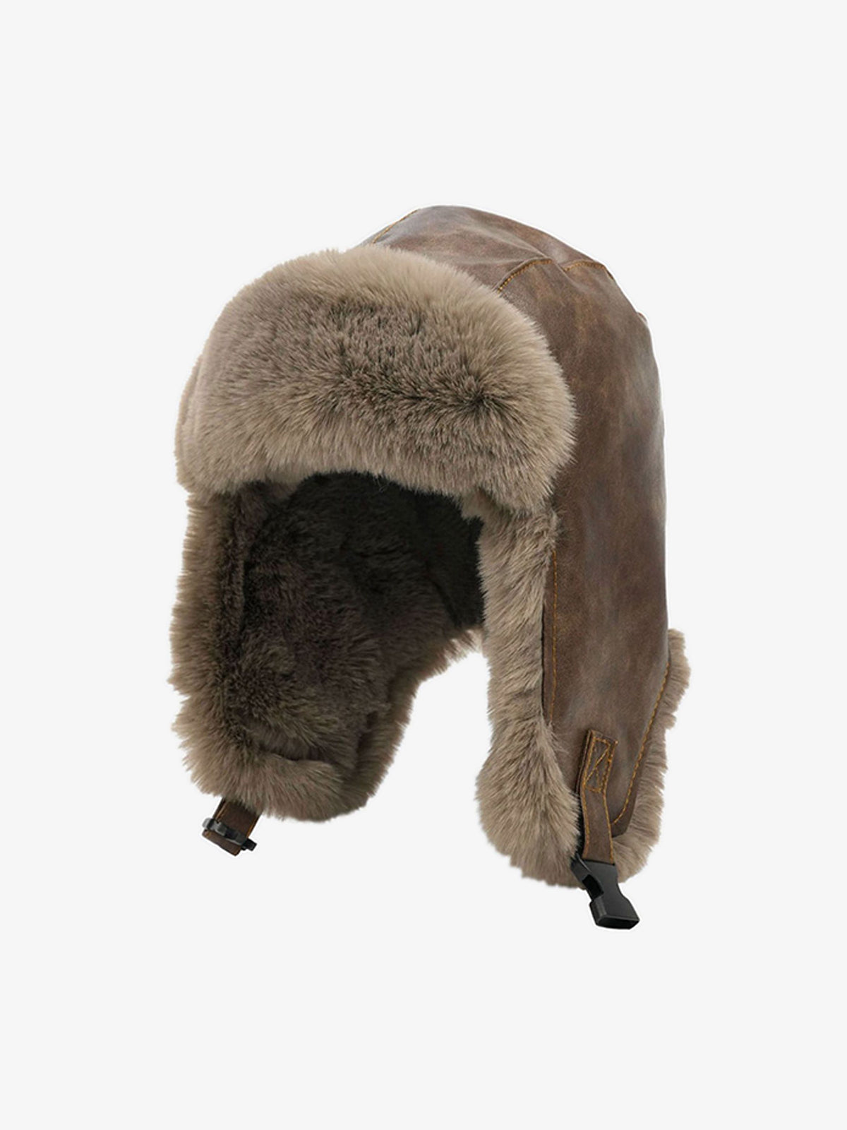 Omygoods Vintage Distressed Leather Plush Trapper Hat