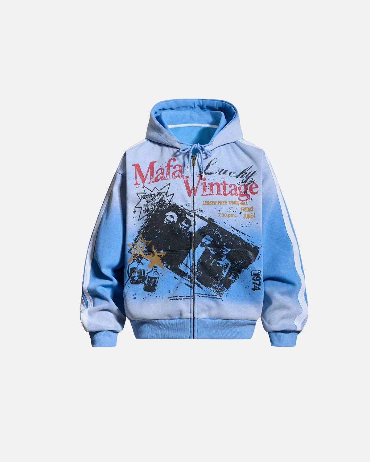 Omygoods Vintage Graphic Zip-Up Hoodie
