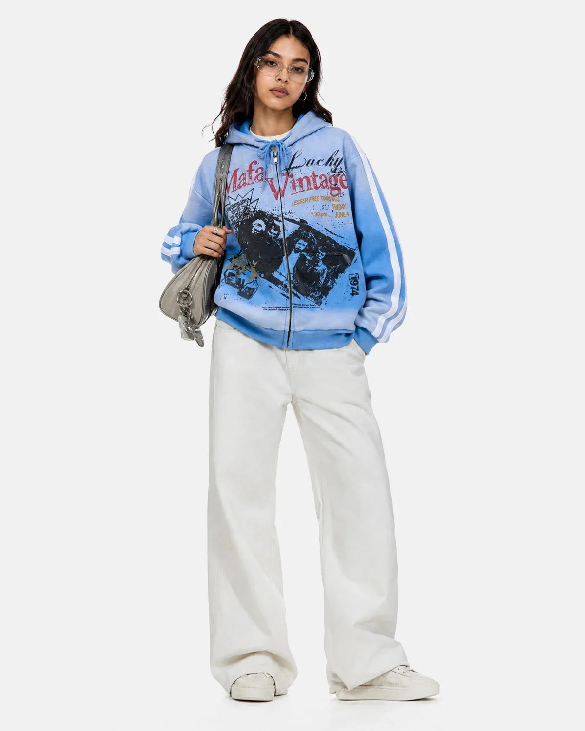 Omygoods Vintage Graphic Zip-Up Hoodie