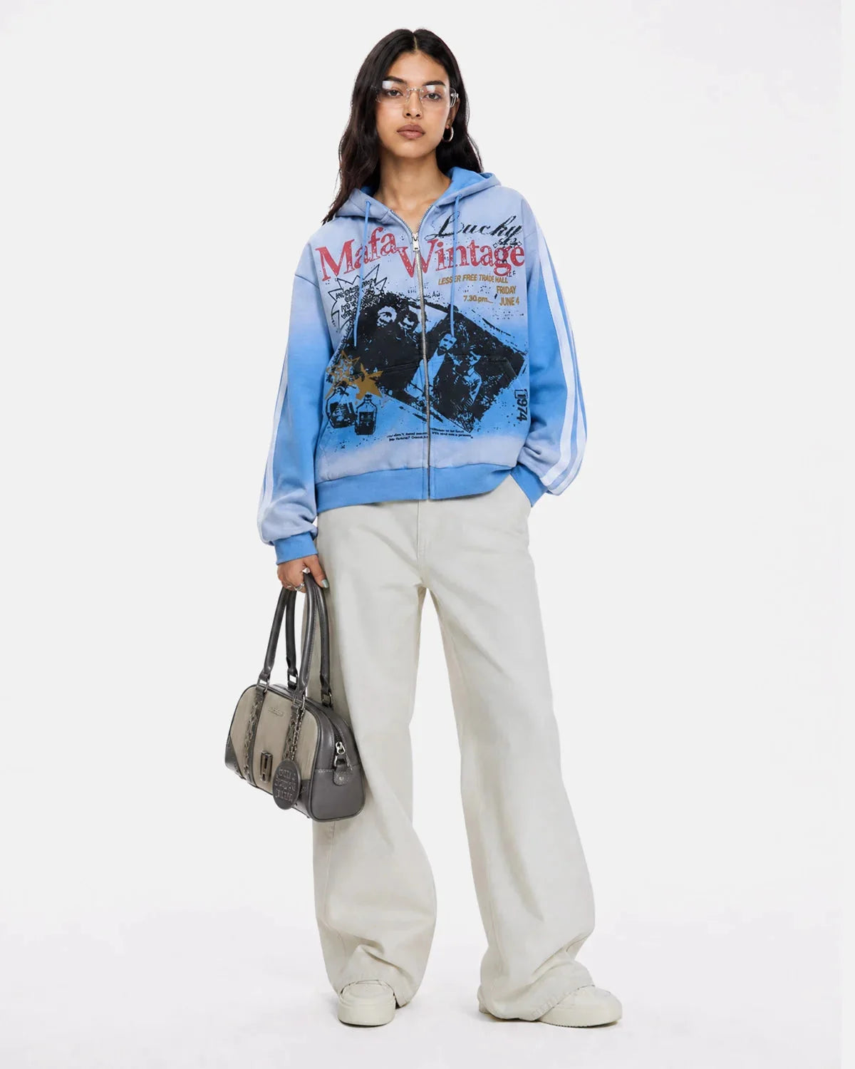 Omygoods Vintage Graphic Zip-Up Hoodie