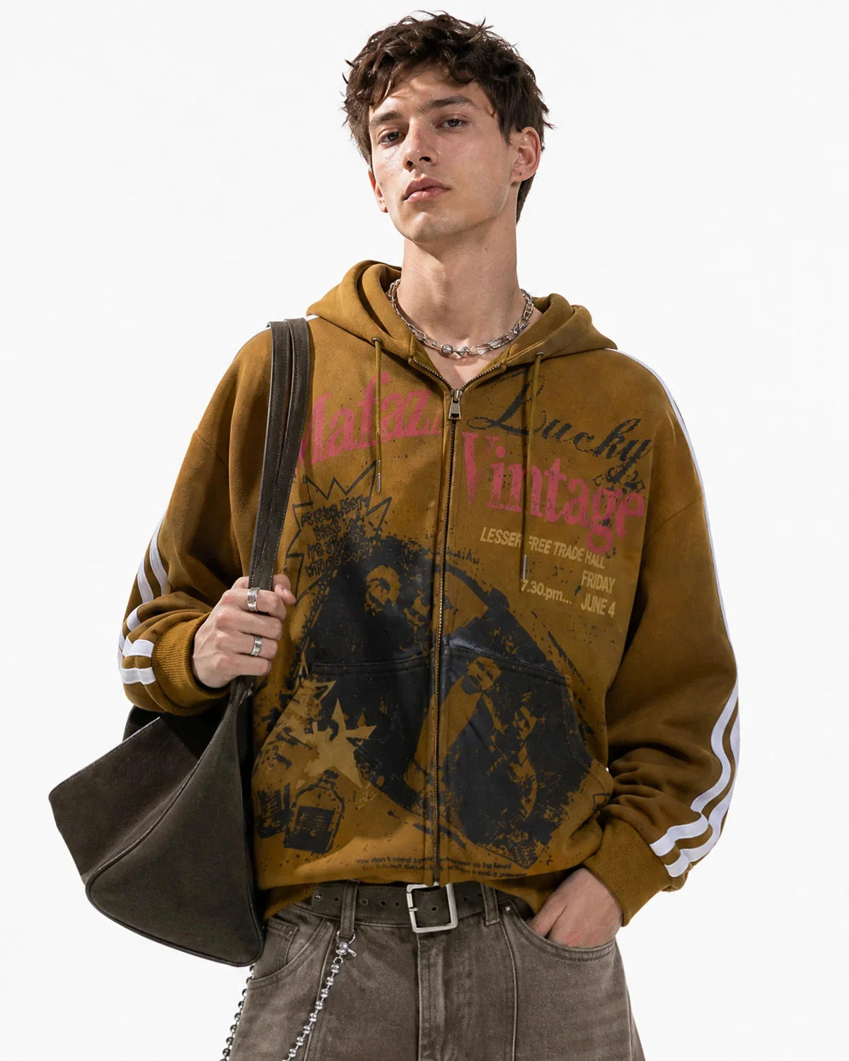 Omygoods Vintage Graphic Zip-Up Hoodie