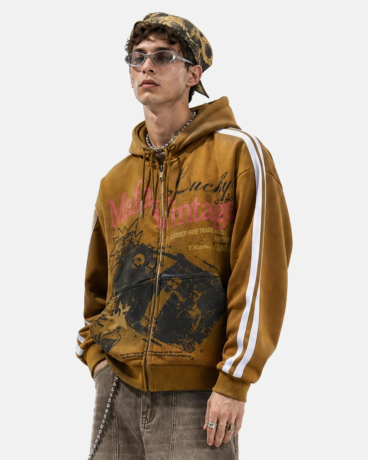 Omygoods Vintage Graphic Zip-Up Hoodie