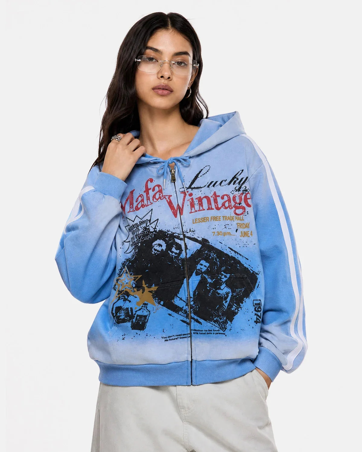 Omygoods Vintage Graphic Zip-Up Hoodie