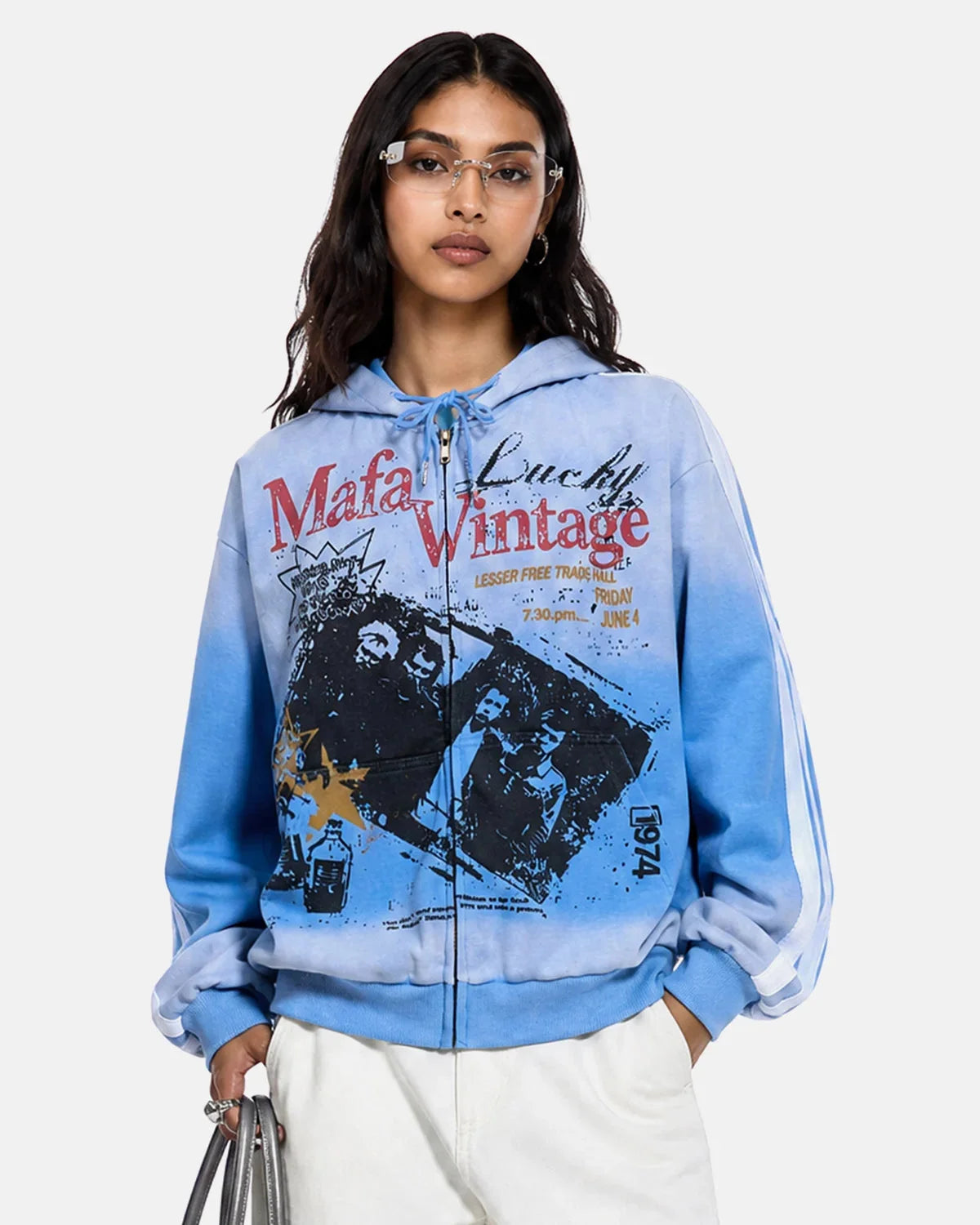 Omygoods Vintage Graphic Zip-Up Hoodie