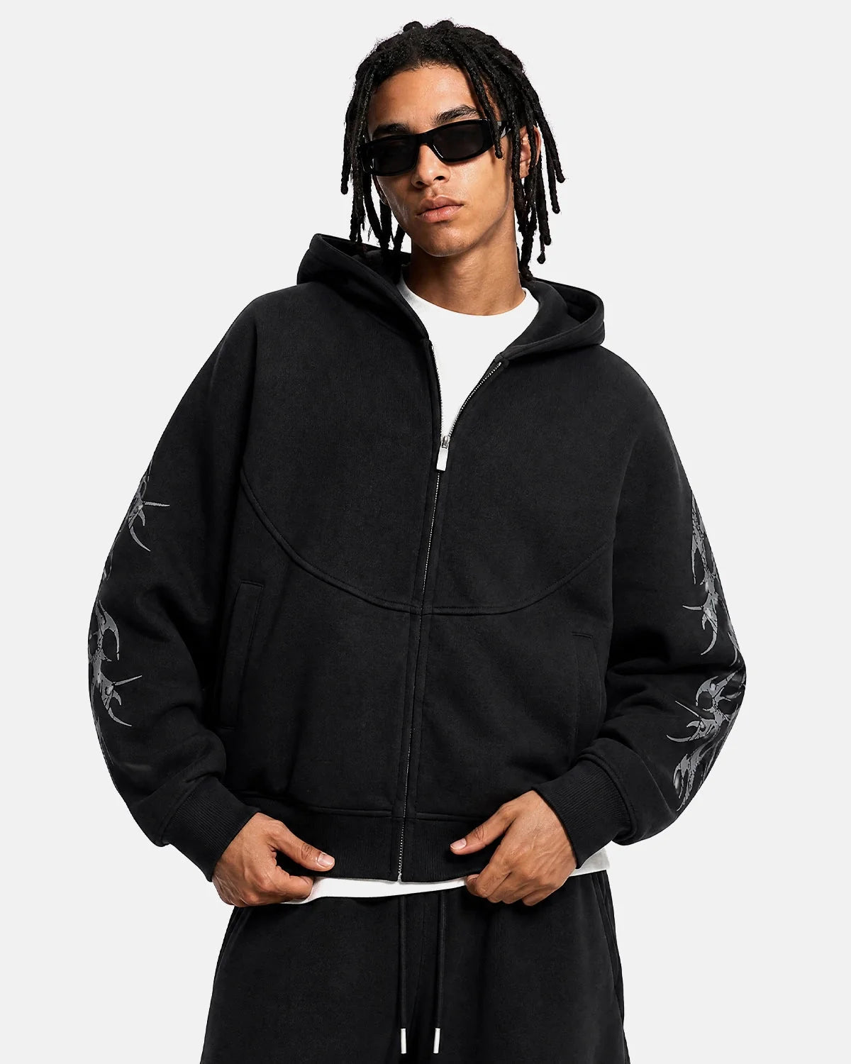 Omygoods Graphic Boxy Zip Up Hoodie