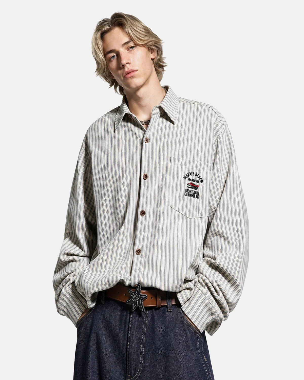 Omygoods Vintage Striped Embroidered Shirt