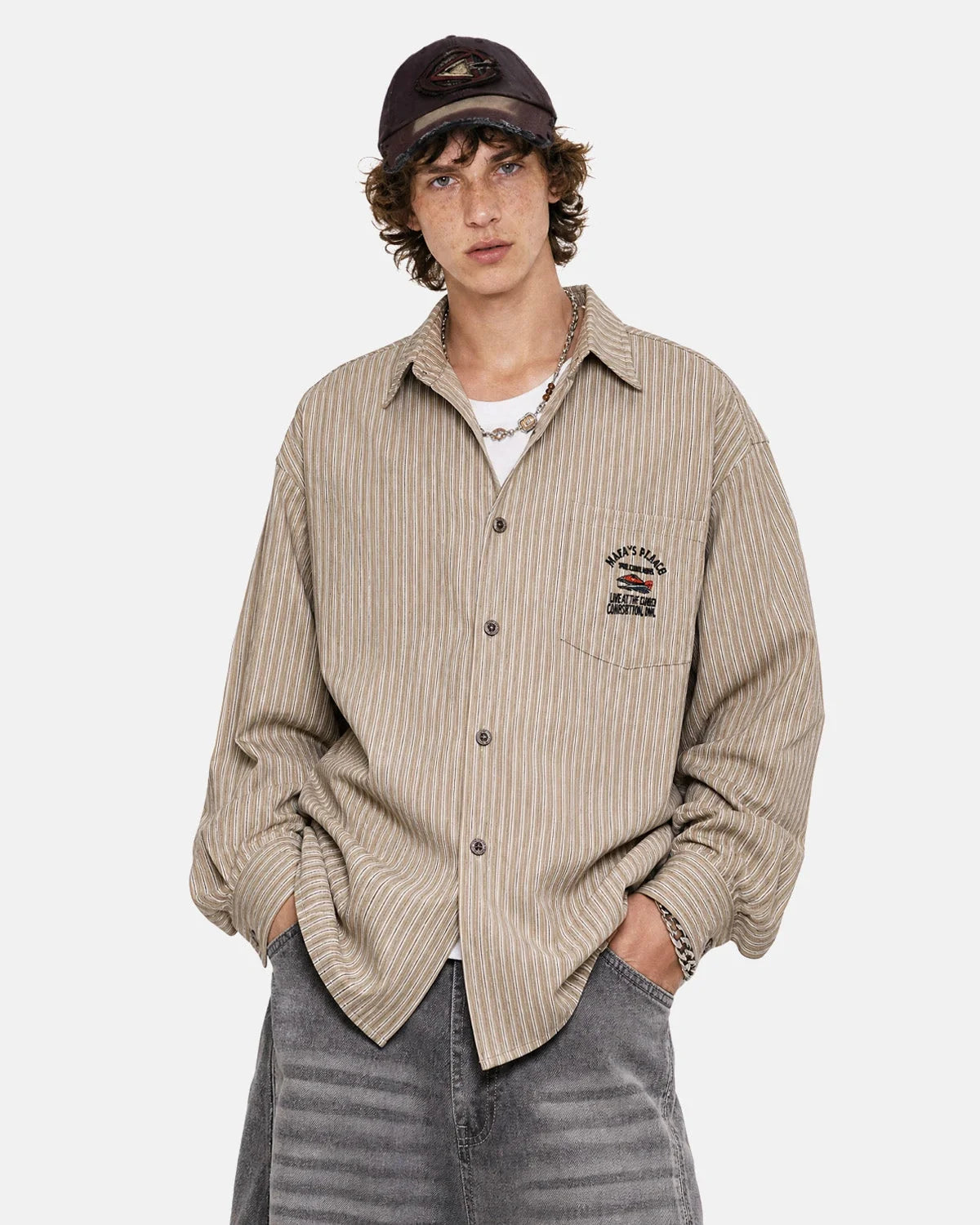 Omygoods Vintage Striped Embroidered Shirt
