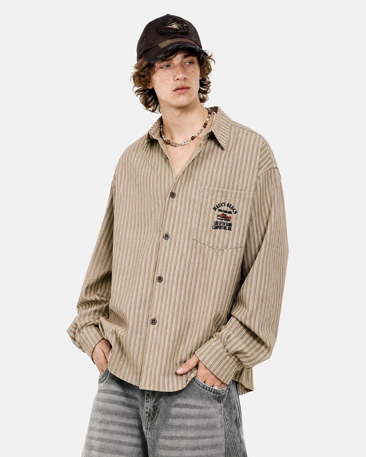 Omygoods Vintage Striped Embroidered Shirt