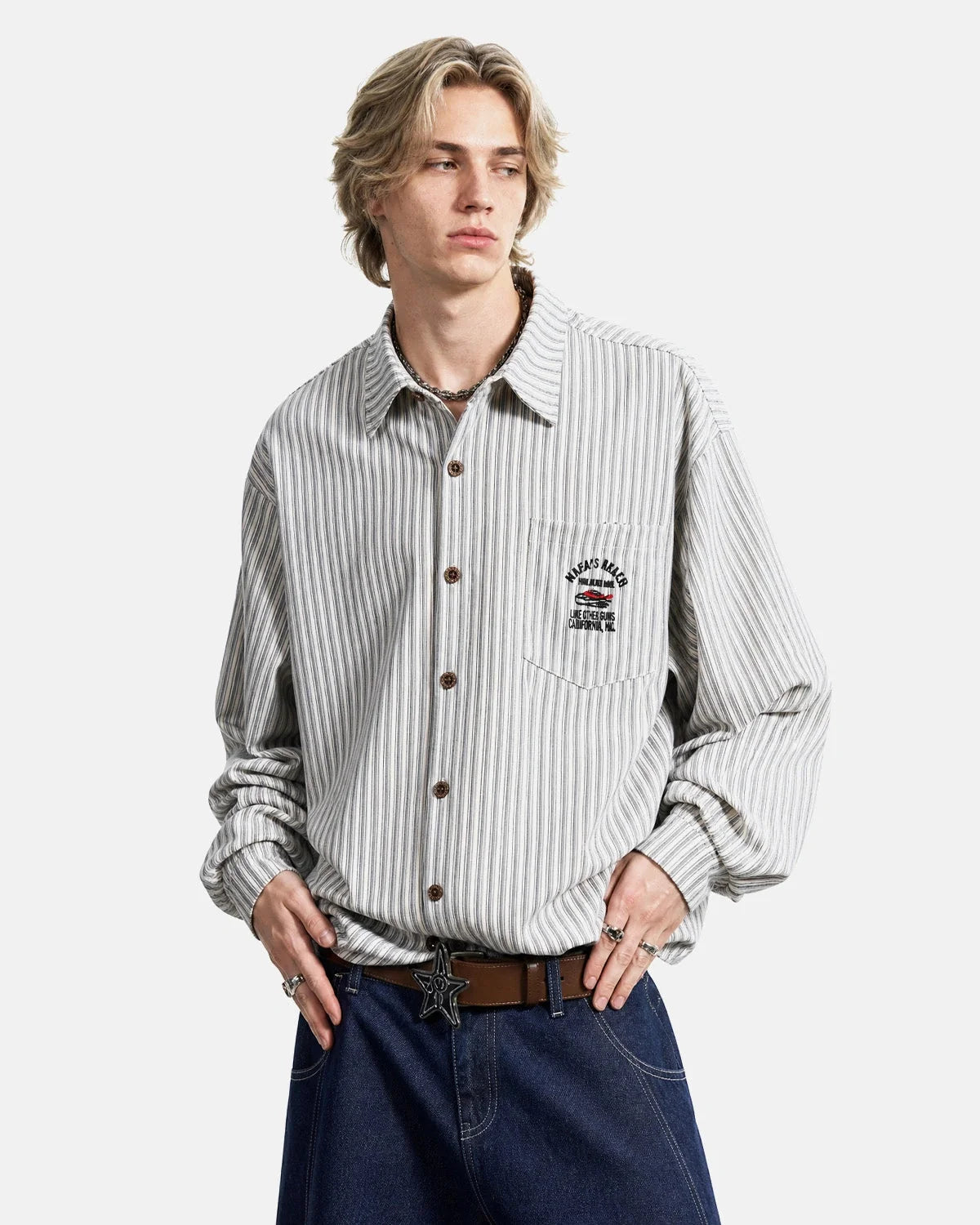 Omygoods Vintage Striped Embroidered Shirt