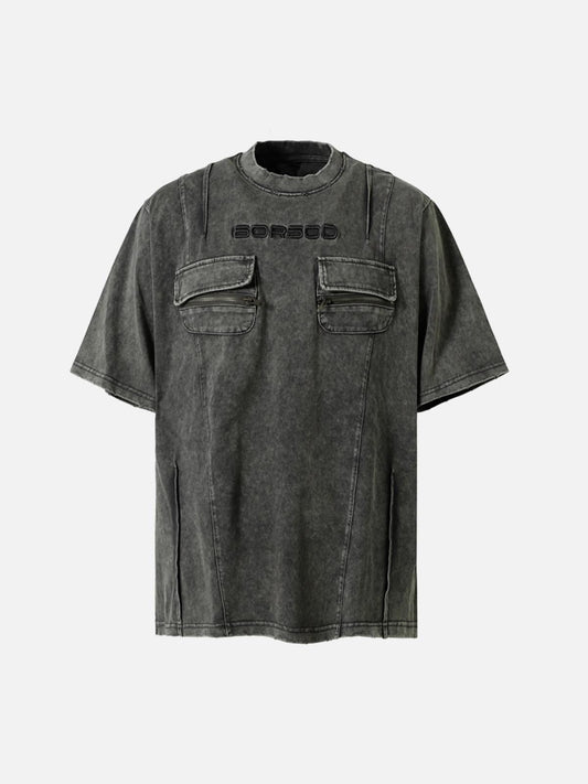 Omygoods Vintage Washed Multi-Pocket T-Shirt